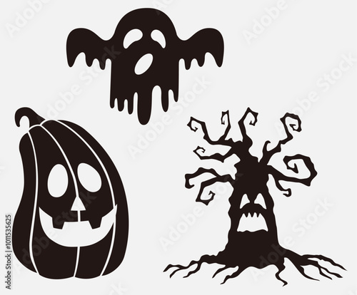 Big collection of silhouettes of Halloween. Horror set of Halloween sticker sketch set. Hand drawn doodle. Set of halloween and magic elements. Vector element