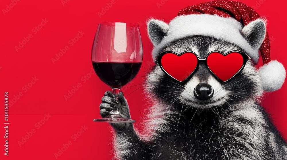 A cheerful penguin wearing heart-shaped sunglasses and a Santa hat, toasting with a wine glass and dancing in the snow. A cheerful penguin wearing heart-shaped sunglasses and a Santa hat, toasting with a wine glass and dancing in the snow.