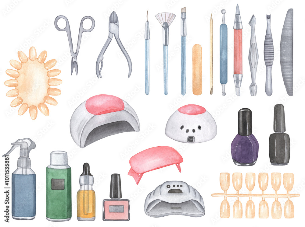 Set of manicure and pedicure tools. Watercolor illustration clipart isolated on white background. Set of manicure and pedicure tools. Watercolor illustration clipart isolated on white background.