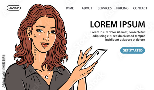 Beautiful girl with a phone. Portrait of a young woman. Communication, calling, searching for information. Specialist consultant. Help service Vector illustration on white. Web banner and website