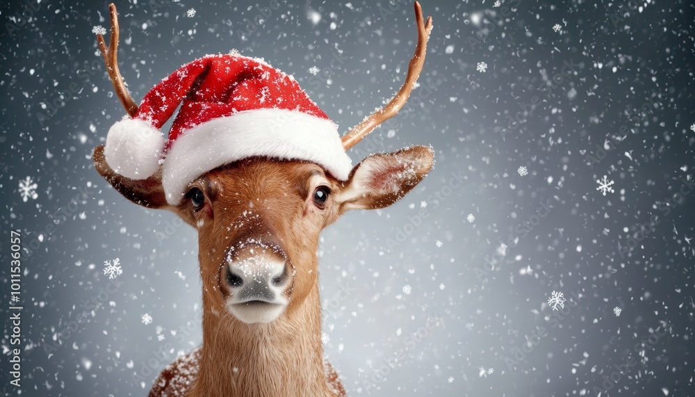 A cheerful reindeer wearing a bright red Santa hat, with snowflakes gently falling around, creating a cozy winter scene. A cheerful reindeer wearing a bright red Santa hat, with snowflakes gently falling around, creating a cozy winter scene.