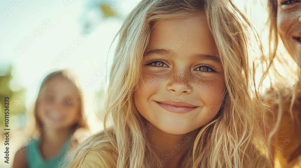 Fototapeta premium A young girl with long blonde hair and freckles smiles warmly outdoors under a clear, sunny sky, conveying happiness and innocence captured beautifully in this portrait.