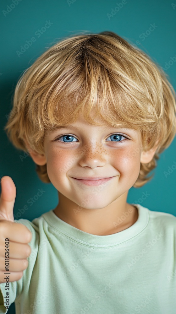 a happy boy with blonde hair and blue eyes, isolated on a solid color background in a thumbs up pose, a happy boy with blonde hair and blue eyes, isolated on a solid color background in a thumbs up pose,
