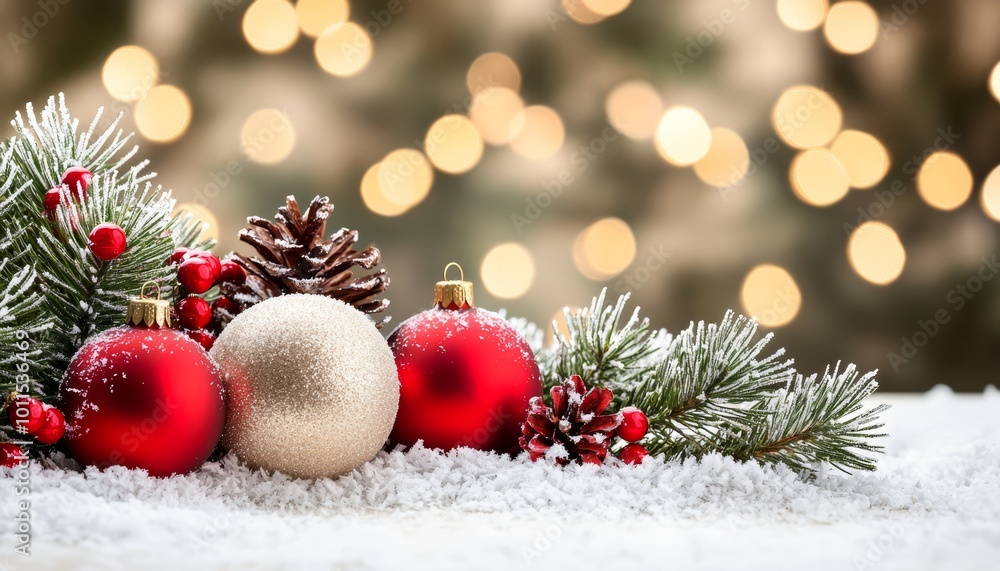 A Christmas scene with frosted pine branches, snowflakes, and red ornaments sparkling under warm, twinkling bokeh lights. A Christmas scene with frosted pine branches, snowflakes, and red ornaments sparkling under warm, twinkling bokeh lights.