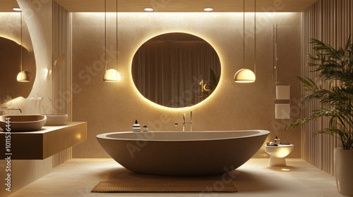 Stylish bathroom featuring organic shapes and warm lighting with a round mirror and modern fixtures photo