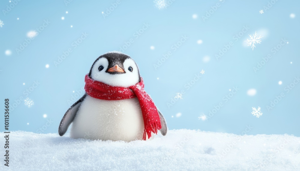 A chubby penguin with a red scarf sliding down a snowy hill, surrounded by falling snowflakes in the winter wonderland. A chubby penguin with a red scarf sliding down a snowy hill, surrounded by falling snowflakes in the winter wonderland.