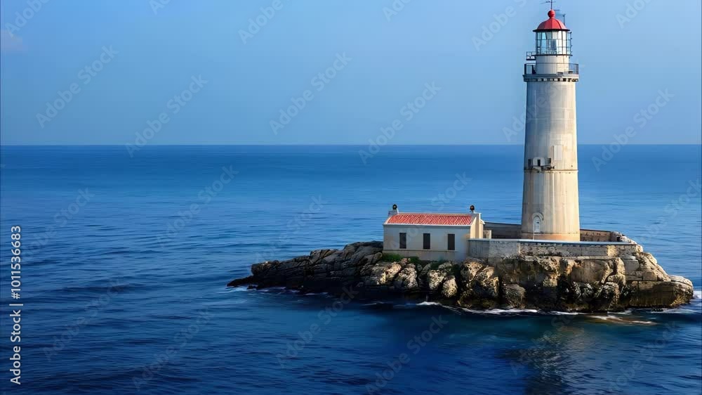 A lighthouse on a rocky shoreline, surrounded by blue water under a clear sky.