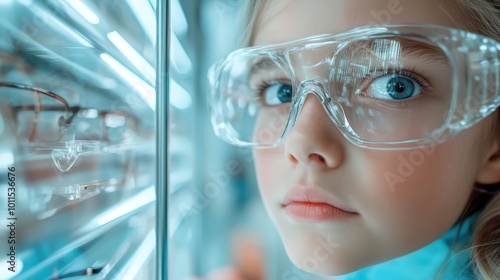 A child with bright blue eyes peers intently at a display of eyewear, reflecting a sense of curiosity and wonder amidst a setting that emphasizes exploration and learning. photo