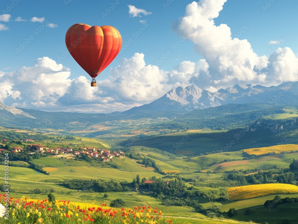 A colorful hot air balloon gliding over a picturesque valley filled with lush greenery and vibrant flowers on a sunny day A colorful hot air balloon gliding over a picturesque valley filled with lush greenery and vibrant flowers on a sunny day