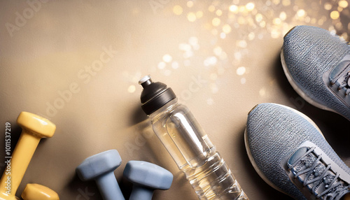 Closeup of a water bottle, tennis shoes, and weights; new year's resolutions to workout banner greeting, health, wellness, copy space concept