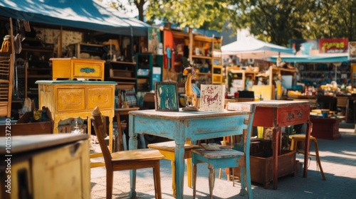 Vibrant flea market with colorful furniture and antiques on a sunny day