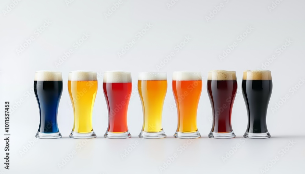 A colorful selection of craft beers in various styles, each glass showcasing a unique hue from bright golden to deep, rich black. A colorful selection of craft beers in various styles, each glass showcasing a unique hue from bright golden to deep, rich black.