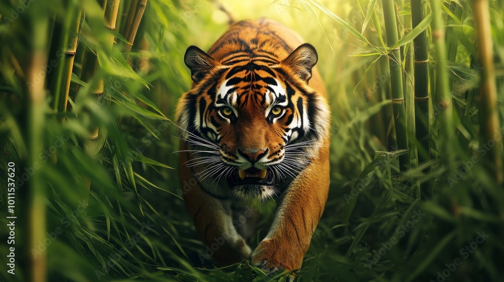 Fototapeta premium Dynamic tiger navigating lush bamboo grove, embodying power and bravery, symbolizing feng shui harmony and vitality