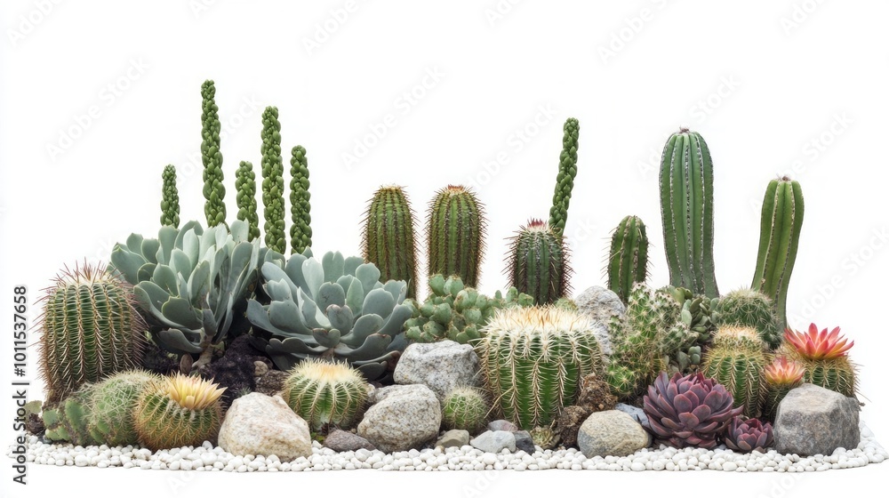 A beautiful arrangement of various cacti and succulents. This image showcases their unique forms and colors. Perfect for gardening inspiration or decoration. Fresh and vibrant. AI A beautiful arrangement of various cacti and succulents. This image showcases their unique forms and colors. Perfect for gardening inspiration or decoration. Fresh and vibrant. AI