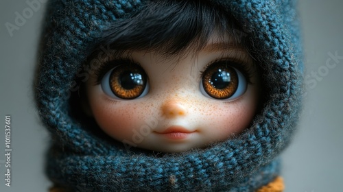 A close-up of a doll with large eyes and a cozy knitted hood.