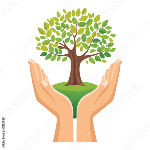 Two hands holding a tree, symbolizing care for nature.
