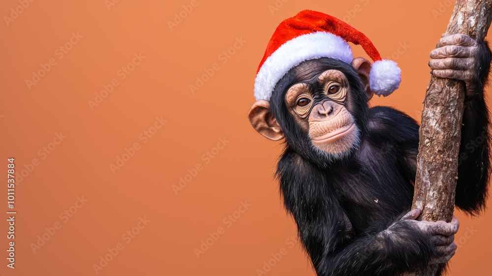 A curious chimpanzee in a Santa hat, playfully hanging from a tree branch with one arm, set against a soft gradient of orange and purple. A curious chimpanzee in a Santa hat, playfully hanging from a tree branch with one arm, set against a soft gradient of orange and purple.