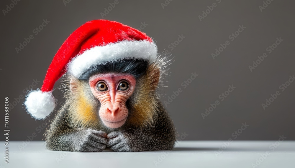 A cute and gentle Mandrill monkey in a Santa hat, sitting in a relaxed pose, its bright colors and soft expression perfect for a holiday portrait. A cute and gentle Mandrill monkey in a Santa hat, sitting in a relaxed pose, its bright colors and soft expression perfect for a holiday portrait.