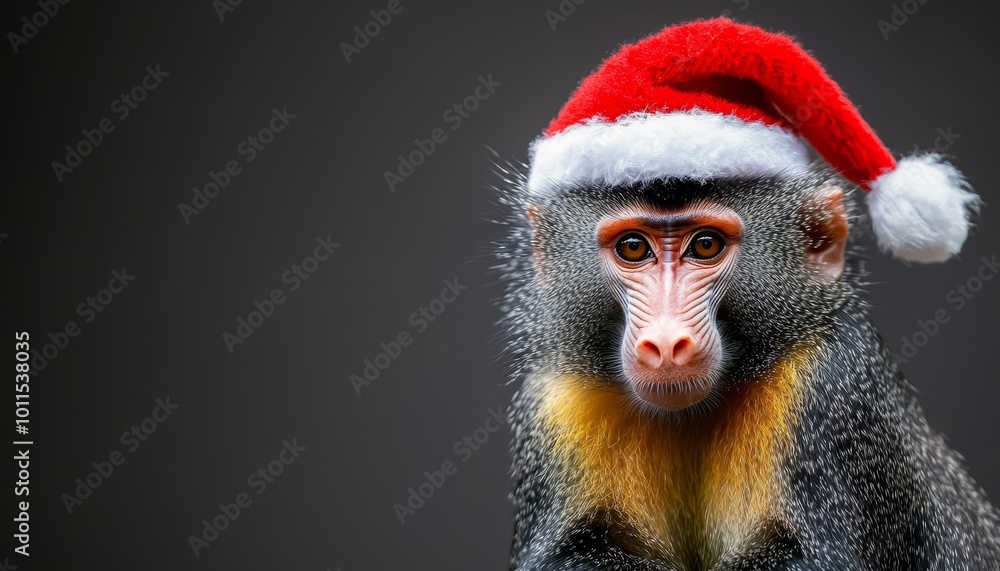 A cute and gentle Mandrill monkey in a Santa hat, sitting in a relaxed pose, its bright colors and soft expression perfect for a holiday portrait. A cute and gentle Mandrill monkey in a Santa hat, sitting in a relaxed pose, its bright colors and soft expression perfect for a holiday portrait.