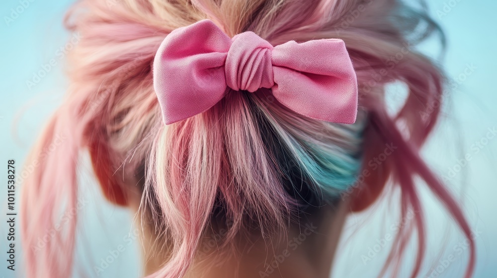 Naklejka premium An artistic portrayal of pink hair adorned with a bow, exuding a playful and whimsical nature, embodying contemporary trends and personal expression.