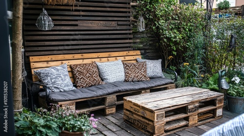 Cozy outdoor garden seating area with wooden pallet furniture and vibrant greenery