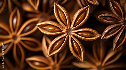 Star anise pattern, close-up aromatic spice photo