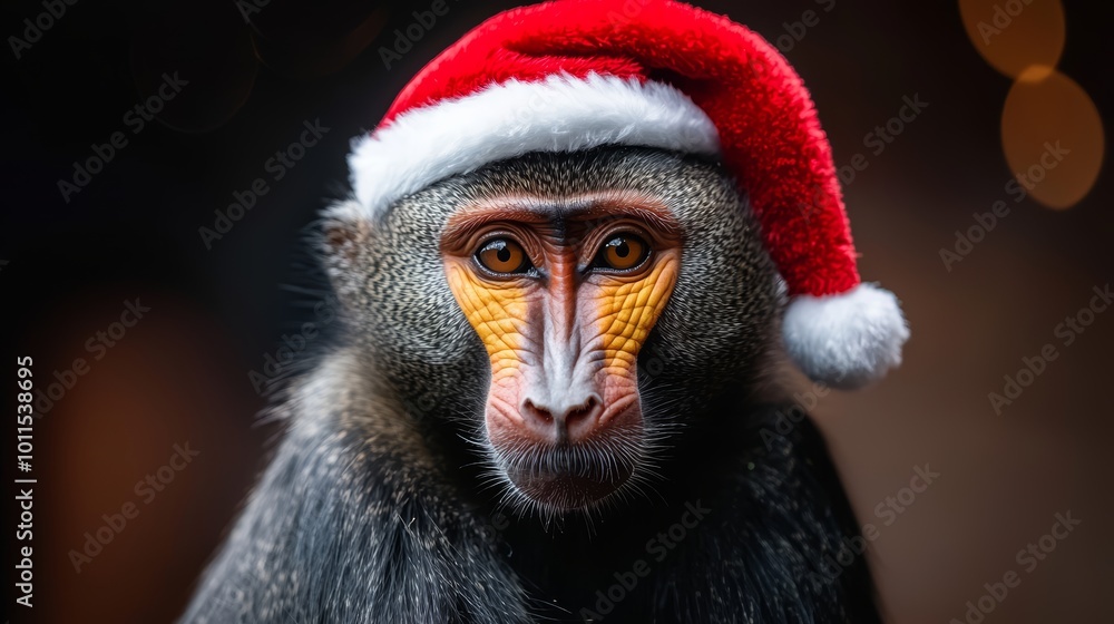 A cute Mandrill monkey sitting calmly, wearing a red Santa hat, with its bright face and colorful markings in focus for a festive portrait. A cute Mandrill monkey sitting calmly, wearing a red Santa hat, with its bright face and colorful markings in focus for a festive portrait.