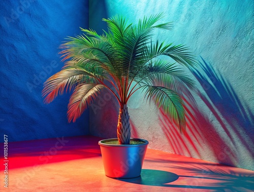 View of green palm tree species from a tree pot with beautiful foliage. 