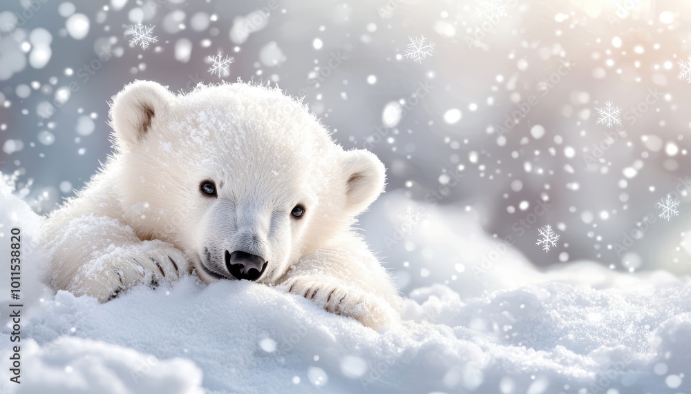 A cute polar bear cub playing in the snow, surrounded by a snowy winter landscape, with snowflakes drifting in the cold breeze. A cute polar bear cub playing in the snow, surrounded by a snowy winter landscape, with snowflakes drifting in the cold breeze.