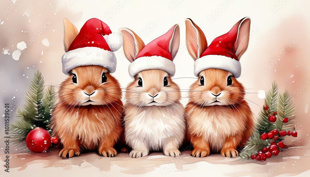funny rabbits with Christmas hats, Easter, Christmas, Easter bunny, Santa Claus, illustration funny rabbits with Christmas hats, Easter, Christmas, Easter bunny, Santa Claus, illustration