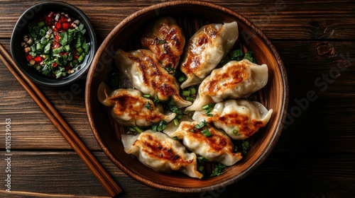 A bowl of traditional steamed dumplings, arranged neatly in a wooden bowl and garnished with fresh herbs, served with a small bowl of soy-based sauce.