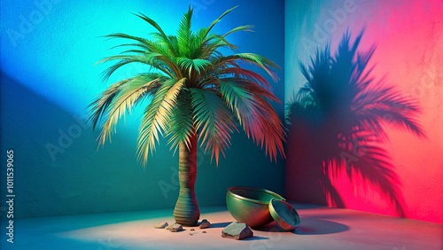 View of green palm tree species from a tree pot with beautiful foliage. 