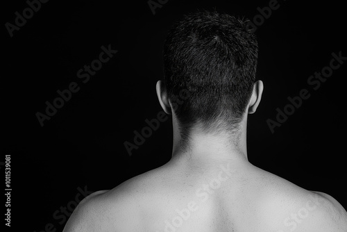 Black and white back view of a shirtless man isolated on dark background