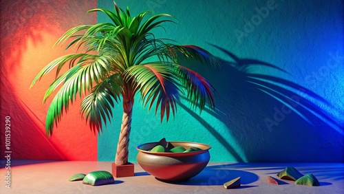 View of green palm tree species from a tree pot with beautiful foliage. 