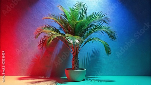 View of green palm tree species from a tree pot with beautiful foliage. 