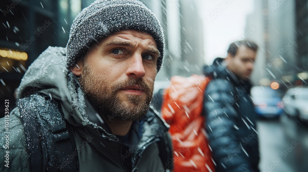 Enduring the snowy city climate, two travelers push through the cold, equipped with backpacks and winter gear, embodying the spirit of urban exploration. Enduring the snowy city climate, two travelers push through the cold, equipped with backpacks and winter gear, embodying the spirit of urban exploration.