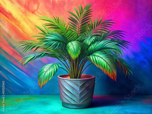 View of green palm tree species from a tree pot with beautiful foliage. 