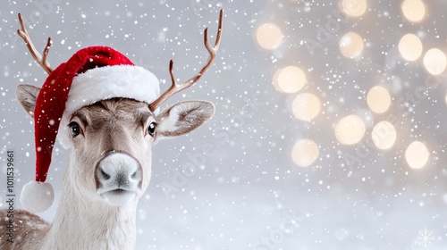 A festive reindeer wearing a Santa hat, standing proudly in a snow-covered village, with holiday lights twinkling on its antlers.