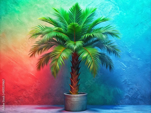 View of green palm tree species from a tree pot with beautiful foliage. 