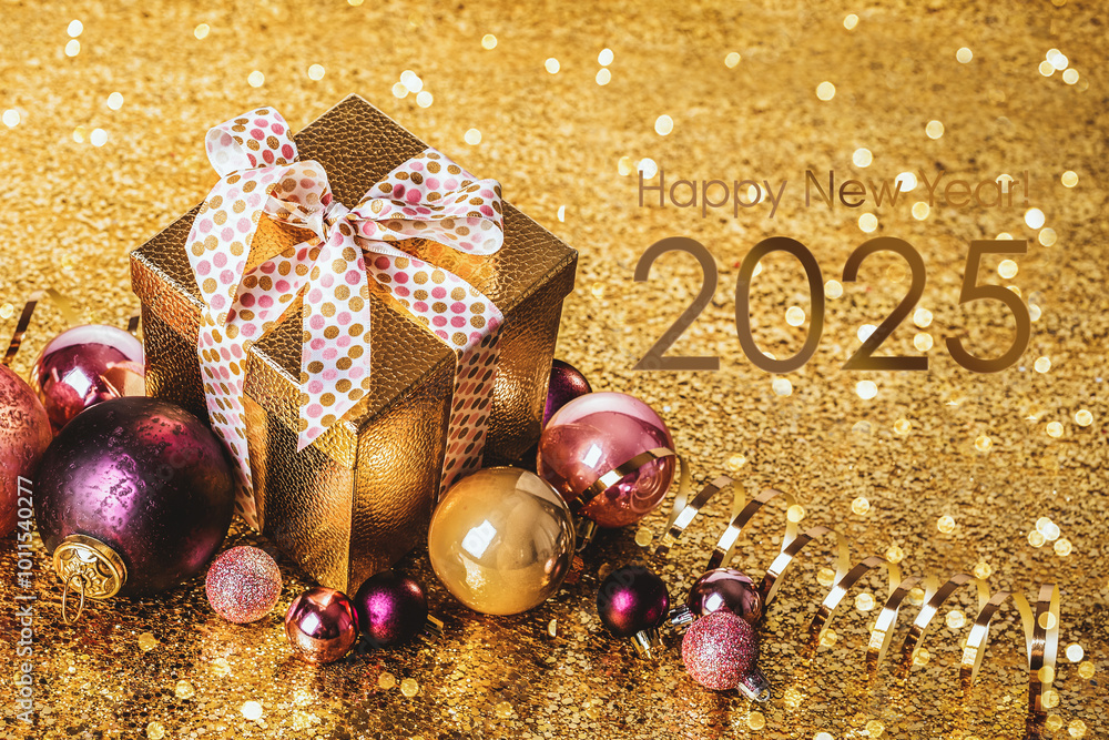 Happy New Year! Gift in a golden box with a bow and Christmas balls on a golden background