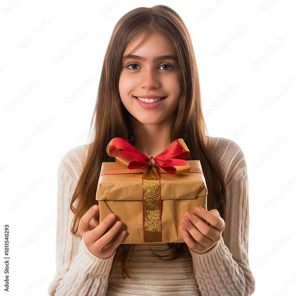Happy Girl Holding a Gift Box in Christmas Celebration on transparent background cutout, PNG file. Happy Girl Holding a Gift Box in Christmas Celebration on transparent background cutout, PNG file.
