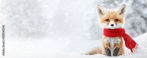 A fluffy baby fox wearing a bright red scarf, standing in a snowy forest, with soft snowflakes falling all around.