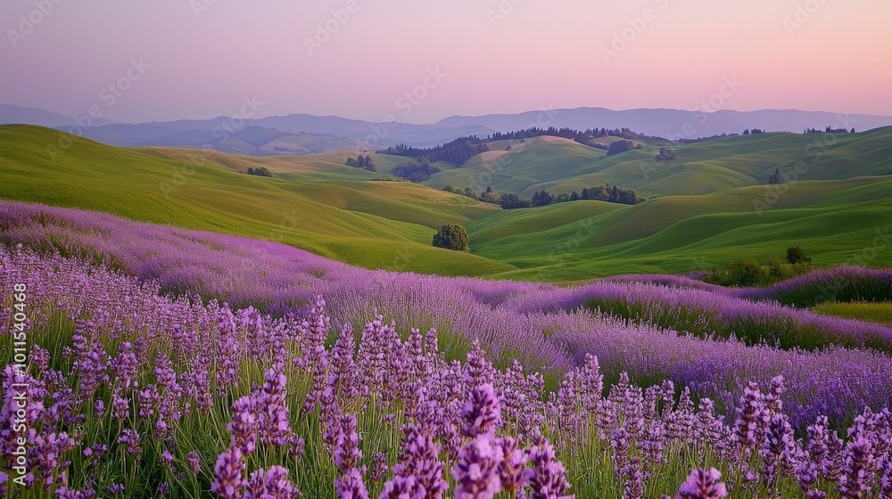 Fototapeta premium Lavender Blooms in Rolling Green Landscape at Sunset