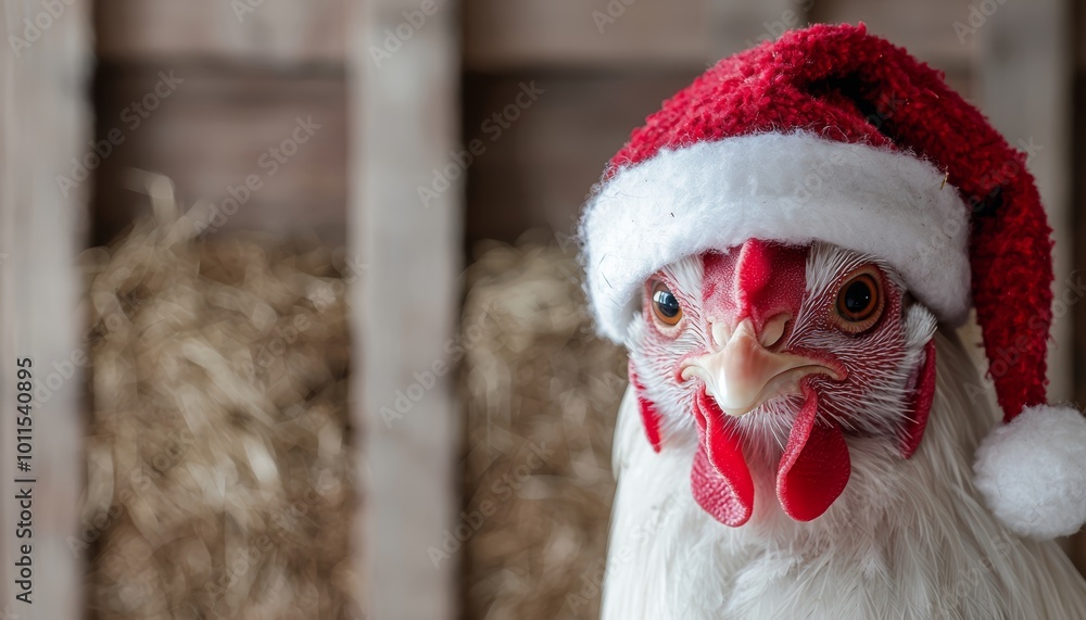 A funny chicken wearing a Santa hat, captured in a close-up shot with the barn's wooden walls and hay bales in the background. A funny chicken wearing a Santa hat, captured in a close-up shot with the barn's wooden walls and hay bales in the background.