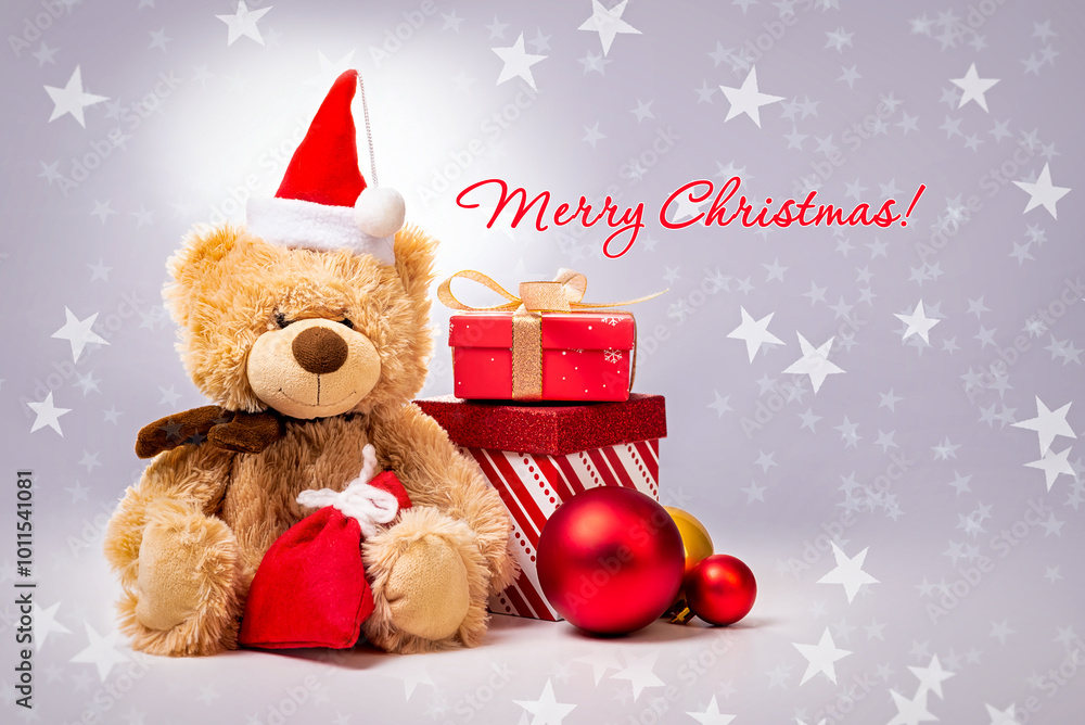 Merry Christmas and Happy New Year. Teddy bear, gift boxes and Christmas balls on a background with stars