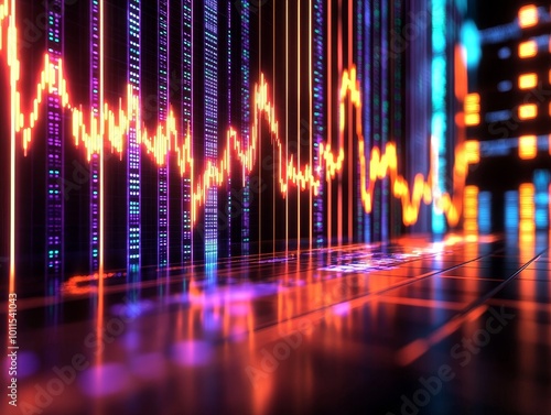 Vibrant data visualization with glowing lines and dynamic colors.
