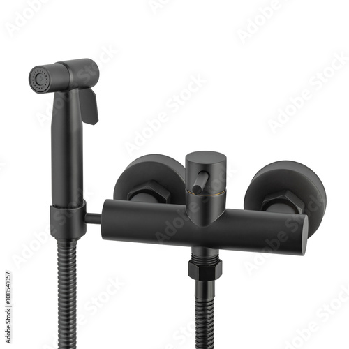 Black matte toilet nozzle with shower head for cleaning washing in the restroom, Isolated nozzle water toilet