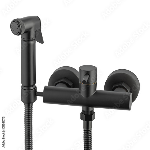 Black matte toilet nozzle with shower head for cleaning washing in the restroom, Isolated nozzle water toilet