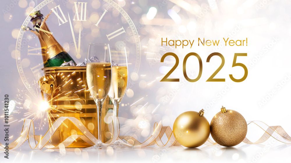 Happy New Year! A golden bucket with champagne, two glasses and a golden streamer on a white background.