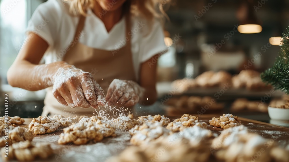 A baker in a kitchen sprinkles flour over freshly baked cookies, capturing the essence of culinary art and the warmth of homemade goodness in a cozy environment. A baker in a kitchen sprinkles flour over freshly baked cookies, capturing the essence of culinary art and the warmth of homemade goodness in a cozy environment.